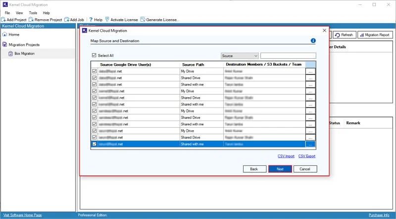 Map Source and Destination window, click Next
