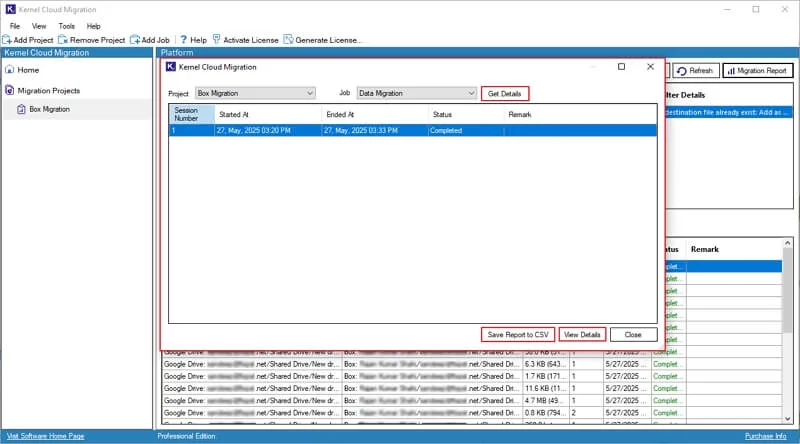View detailed migration report