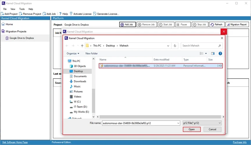 select P 12 key and click Open.