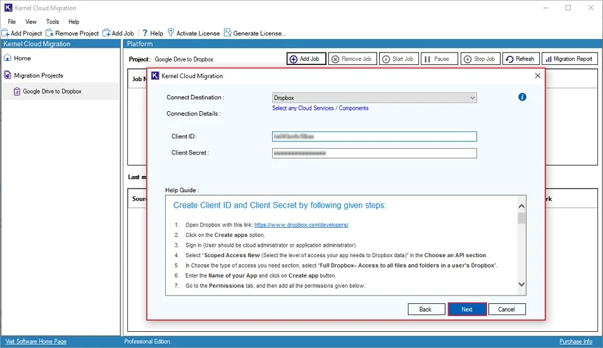 Connect Destination window