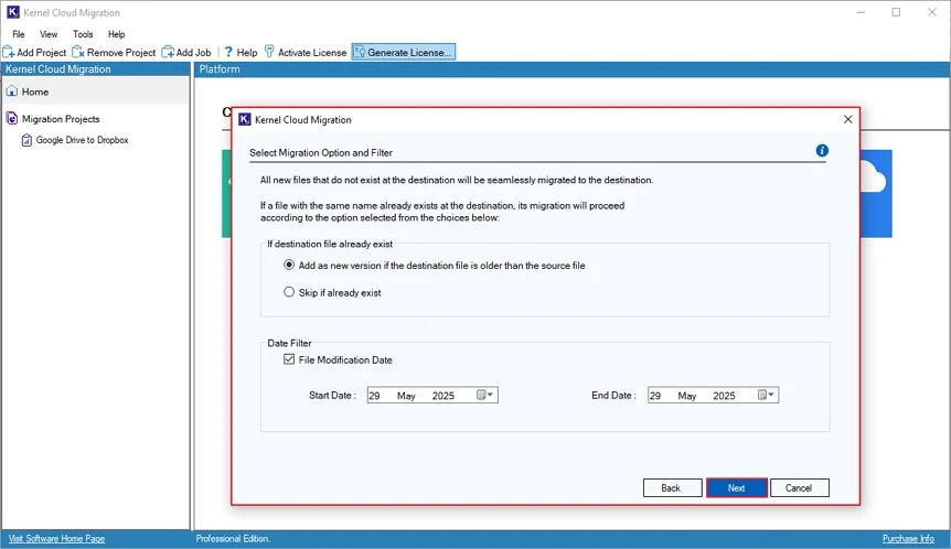 Select Migration Option and Filter