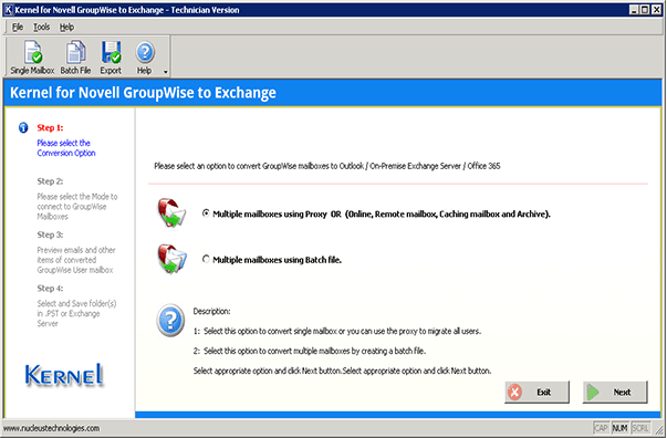 Welcome screen of the Office 365 Migrator for GroupWise with two migration options