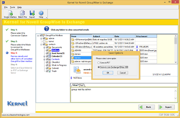 Options to save GroupWise mailboxes to Outlook PST or live Exchange/Office 365