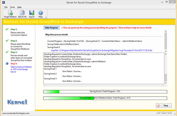 Novell GroupWise to Office 365 migration process in progress