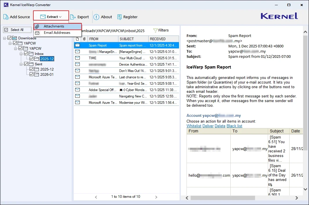 click on Extract then Attachments