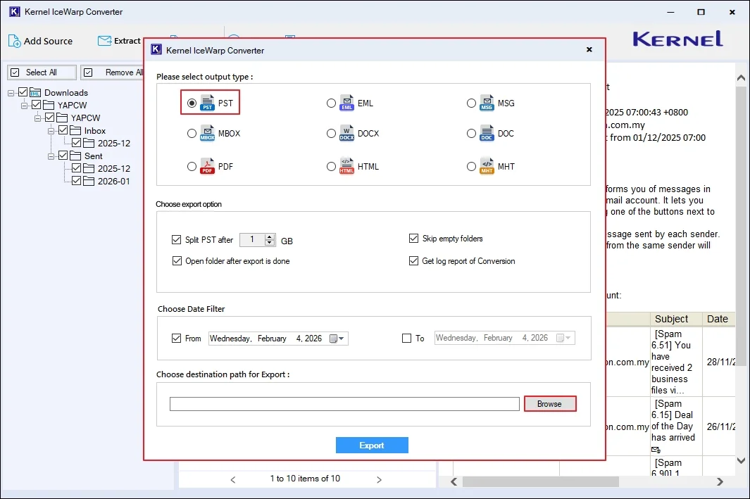 click on Browse below Choose destination path for Export