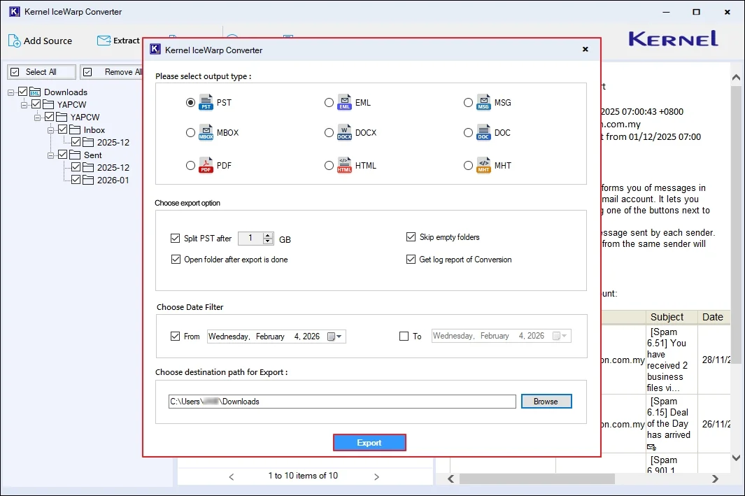 Click Export to start the process
