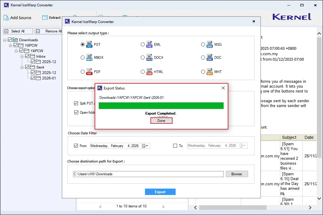 tool will show Export Completed message