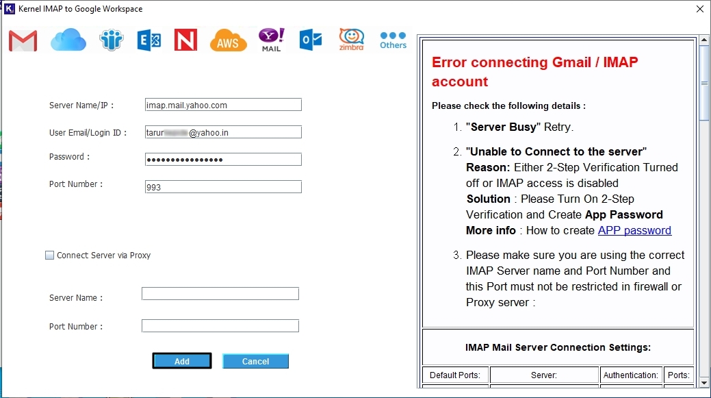 Enter login details of IMAP server