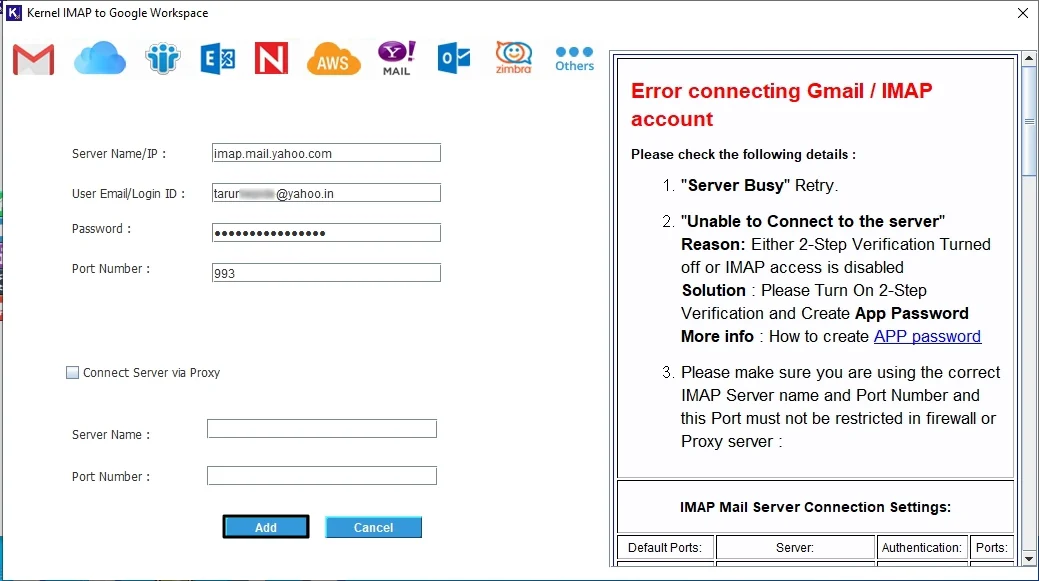 Enter login details of IMAP server