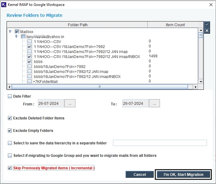 Review Folders before migration then Click I am OK, Start Migration button