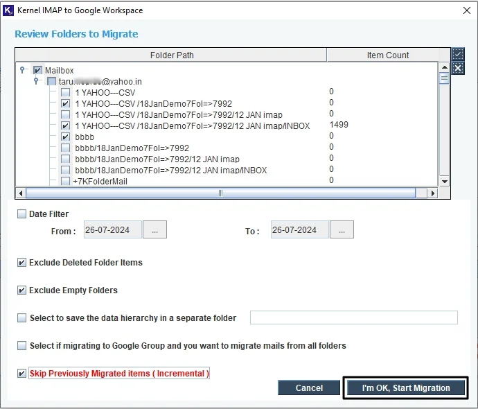 Review Folders before migration then Click I am OK, Start Migration button