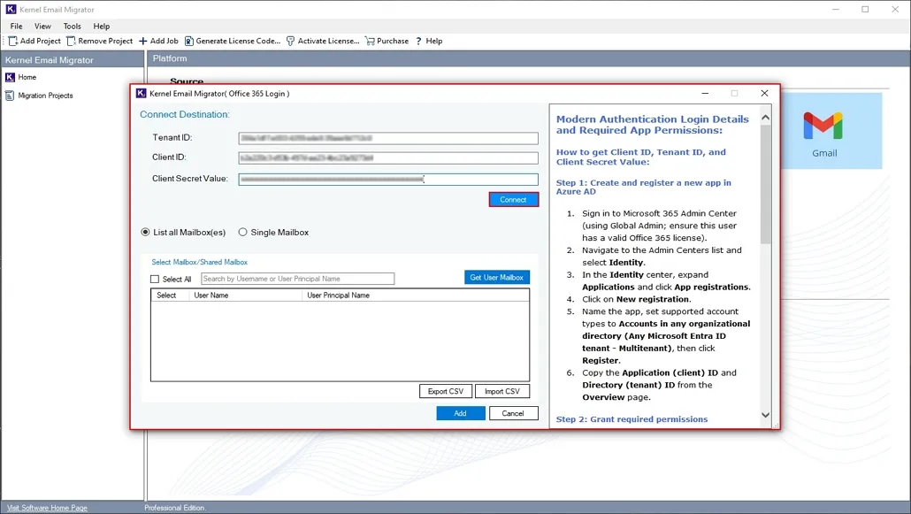 Enter destination Office 365 credential