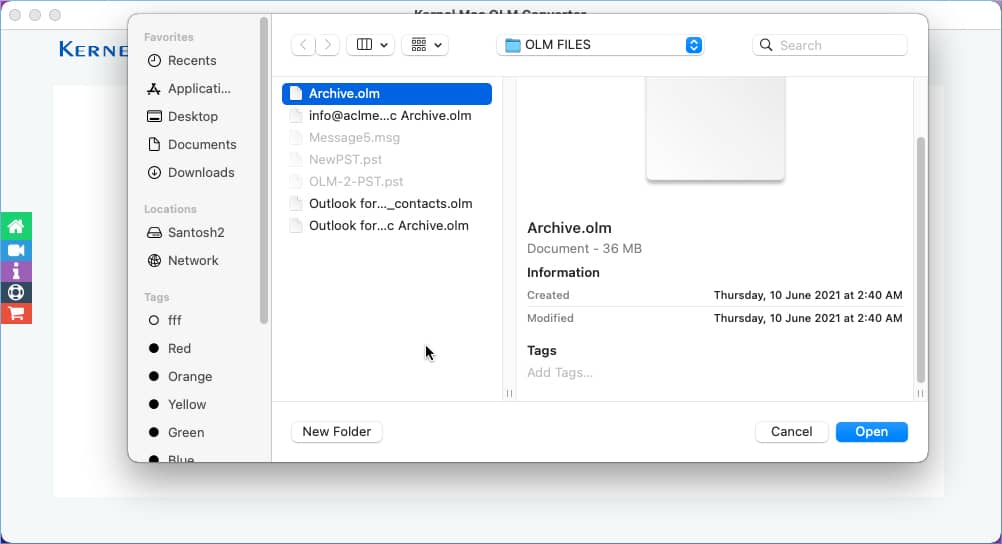 Choose the OLM file. Click Open