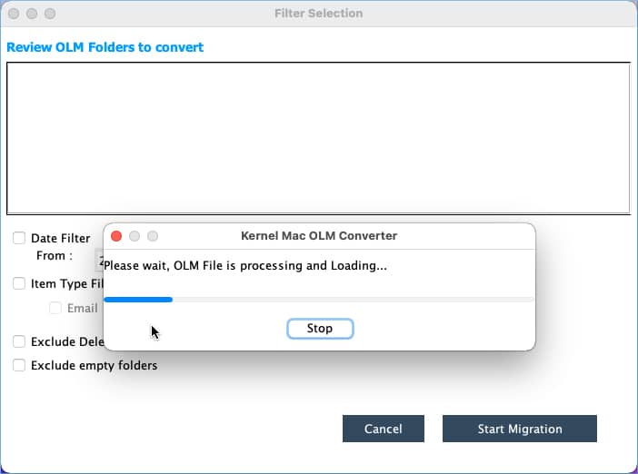 The software is loading the content of OLM file