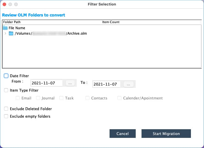 Apply Date Filter, Item Type Filter, Exclude Deleted Folder, and Exclude empty folder