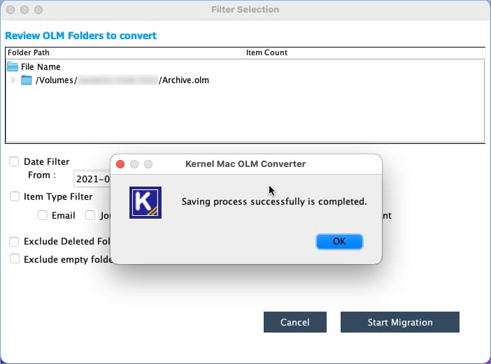 Mac OLM file conversion process is complete successfully