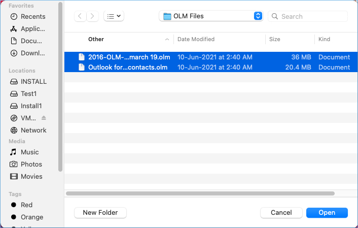 Select the OLM files from the folders where you have saved them. Choose Open