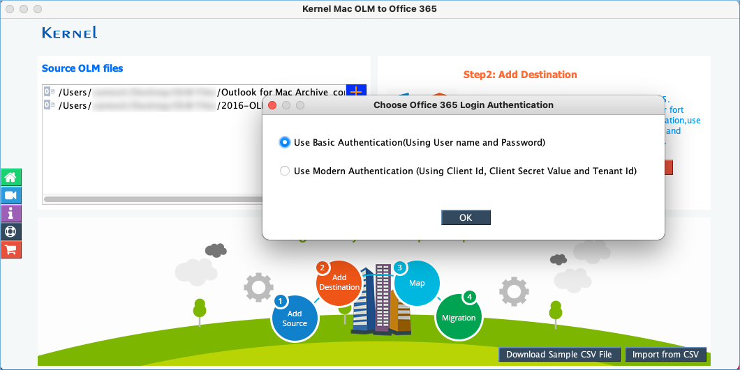 Choose the login methods between basic and modern authentication. Click OK
