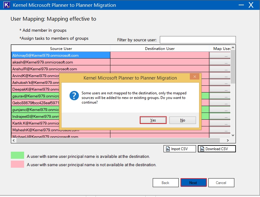 Click Yes to continue else No to Map User at the destination