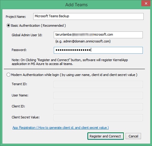 Enter a Project Name and add Global Admin User ID and its password in Basic Authentication