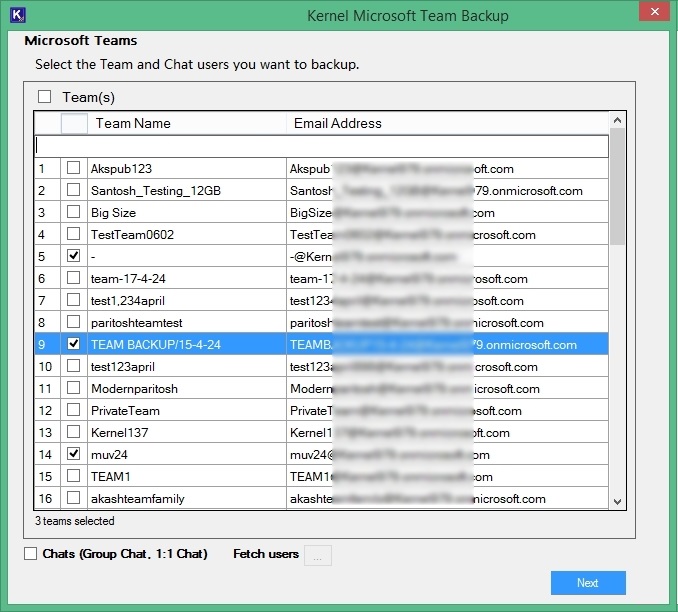 Select the Teams from the list that you want to backup