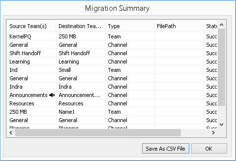 The migration will complete, and you can save the report in CSV format