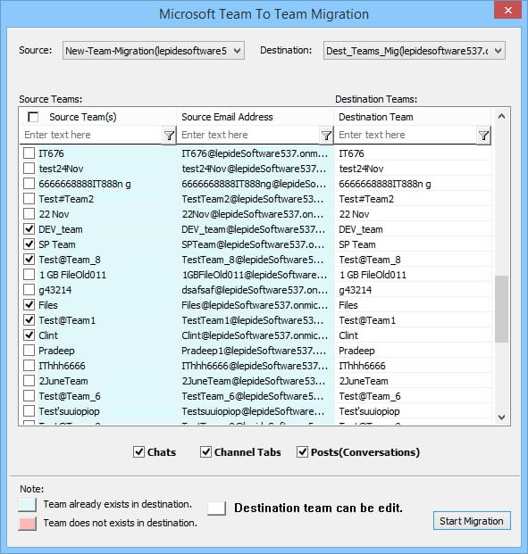 Map the source and destination team and start migration