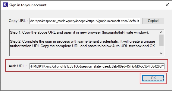 Paste the URL copied in previous step to Auth URL box