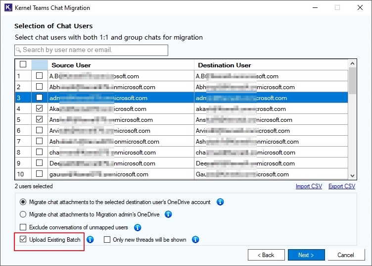 Select Upload Existing Batch checkbox 