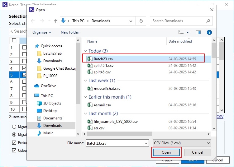 Select the desired CSV files