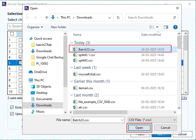Select the desired CSV files