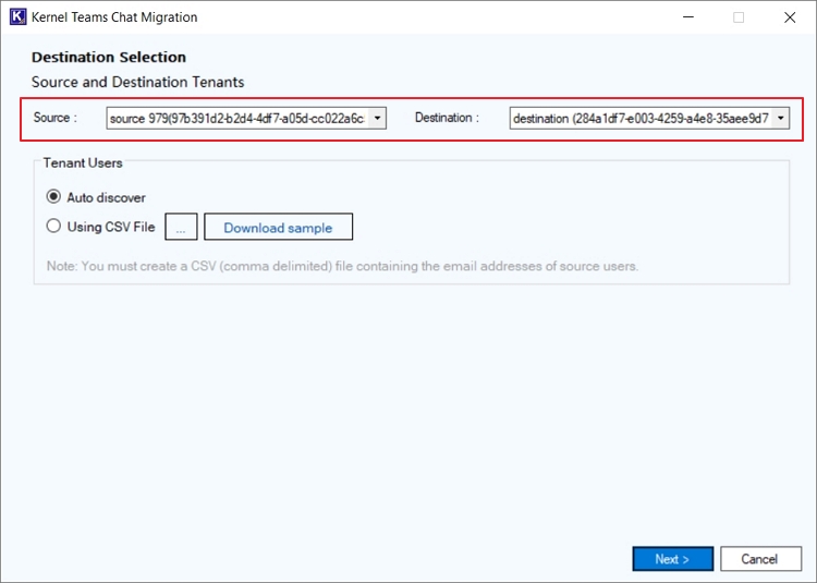 select source and destination tenants