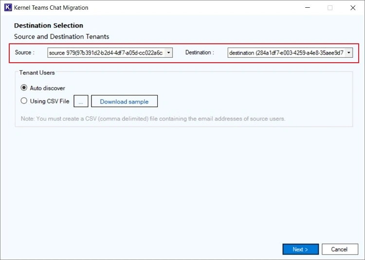 select source and destination tenants