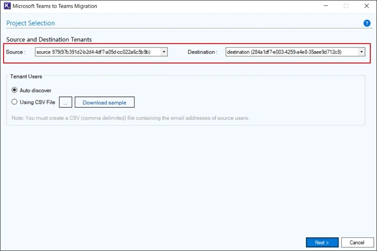 select source and destination tenants