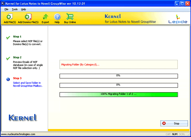 starts converting listed NSF file(s) to GroupWise