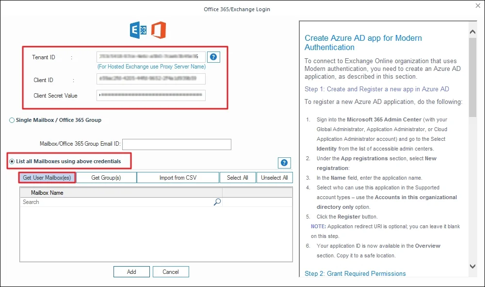 Enter Exchange/Office 365 mailbox credentials 