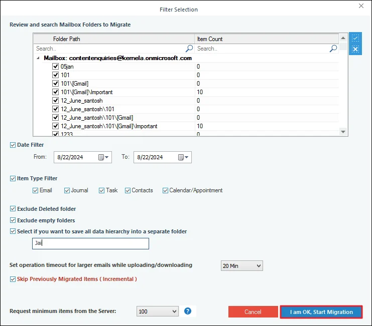Apply filters, then click I am OK, Start Migration button