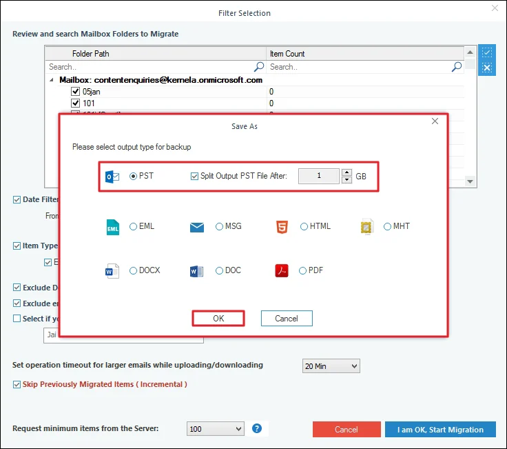 Save to PST and Split Output PST File