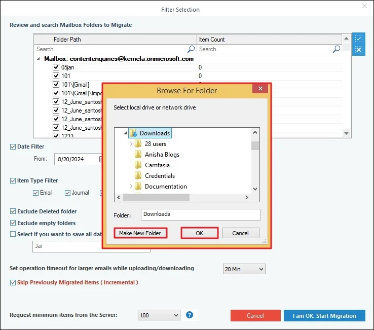 Provide destination to save PST file