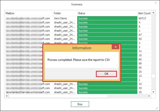 Backup Process completed. Save the report to CSV 
