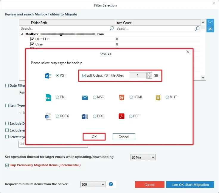 Select Output as PST then tick Split Outlook PST File