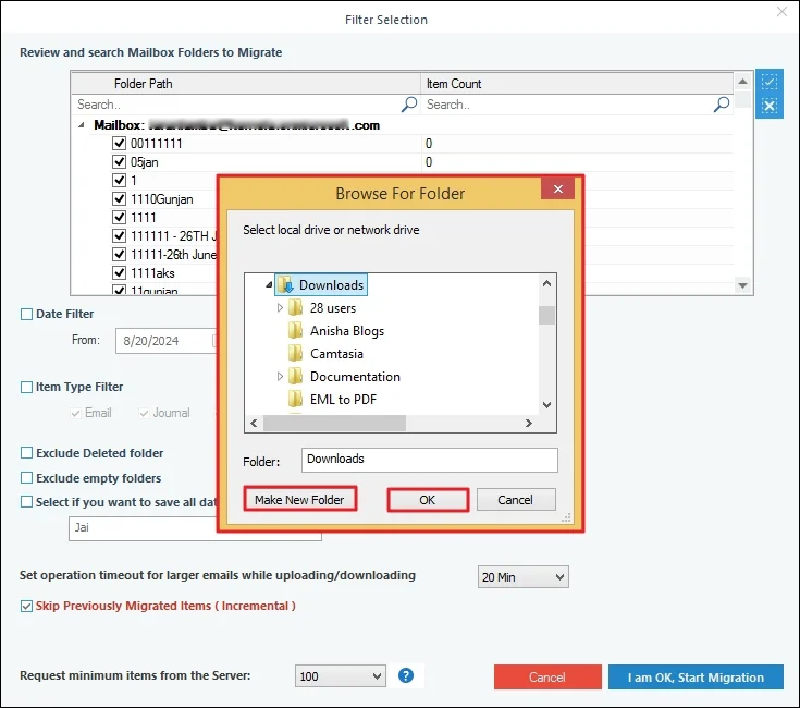 Create or Browse folder to save PST files