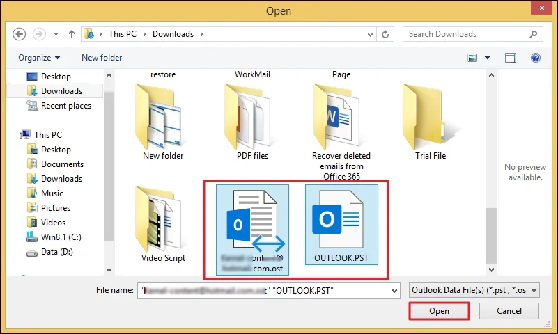Browse PST file from Local folder