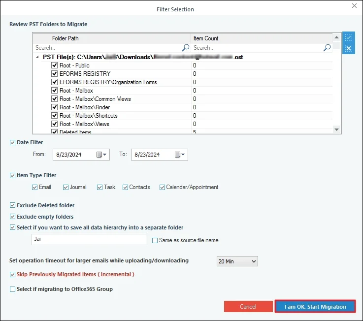 Apply filters and Review PST Folders to Migrate