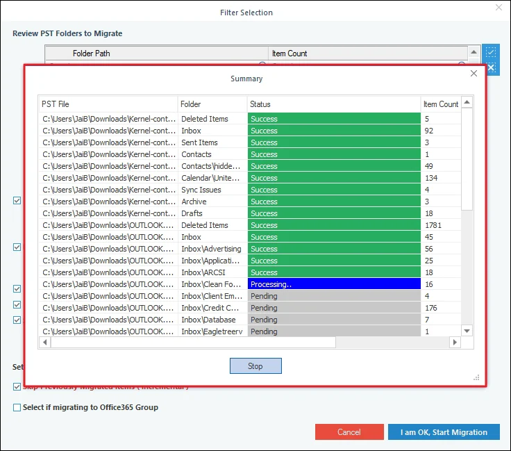 Check migration process in Status section