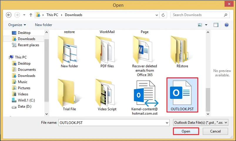 Browse and select the PST files