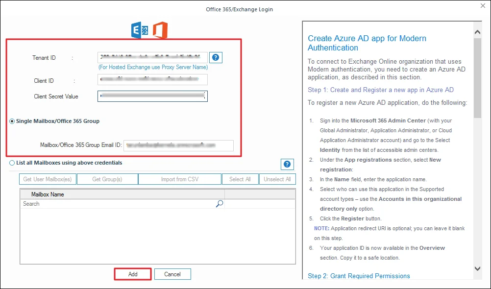Enter Office 365/Exchange login details