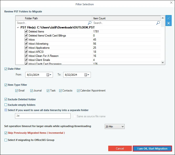 Apply filters and click I am OK, Start Migration button