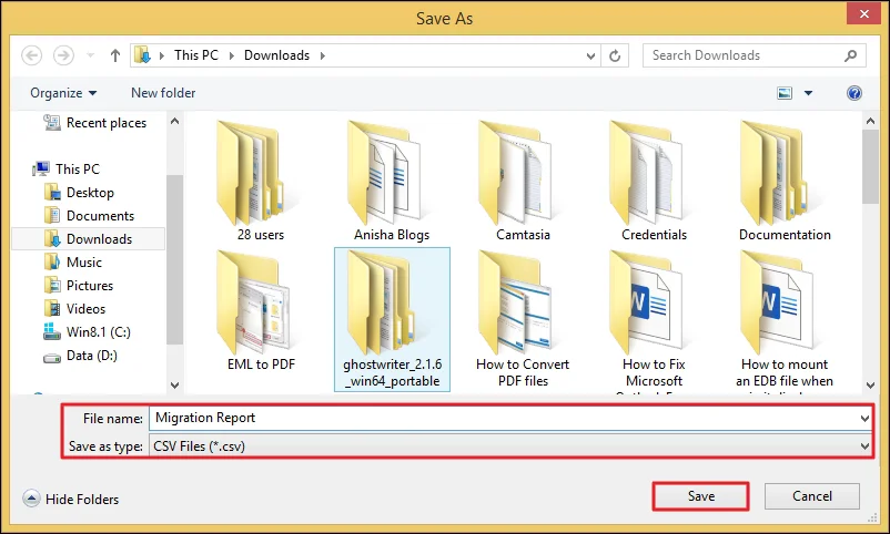 Select preferred location to save Downloaded report